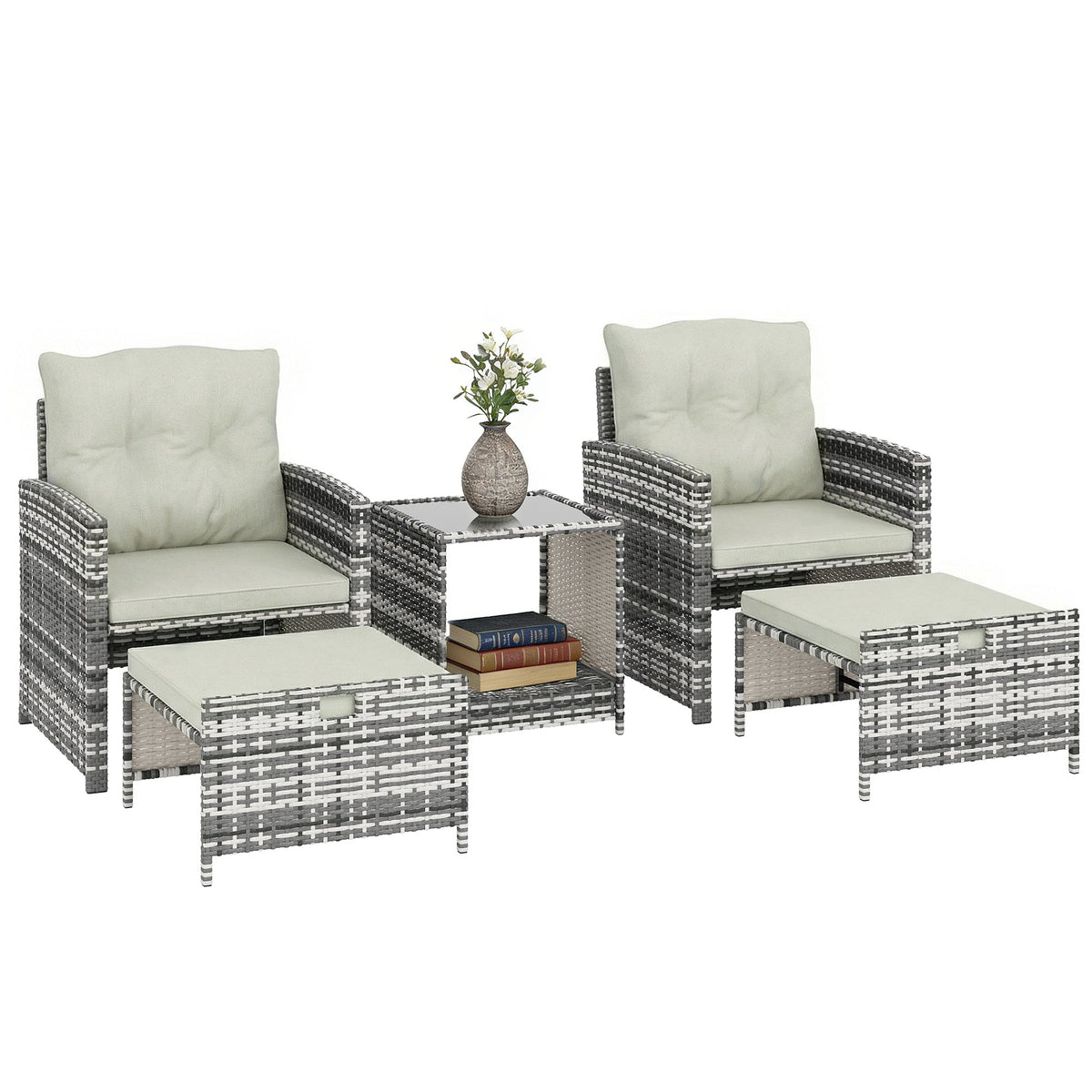 5-Piece Rattan Patio Set with Ottomans and 2-Tier Glass Coffee Table, Grey Cream