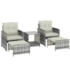 5-Piece Rattan Patio Set with Ottomans and 2-Tier Glass Coffee Table, Grey Cream