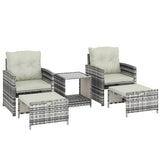 5-Piece Rattan Patio Set with Ottomans and 2-Tier Glass Coffee Table, Grey Cream