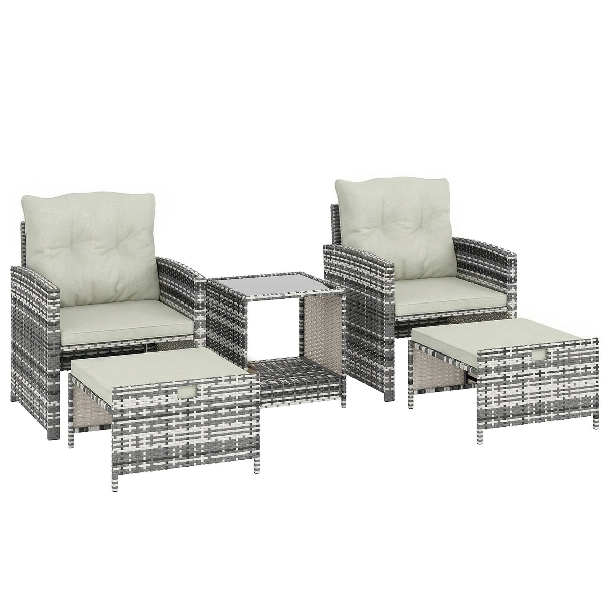 5-Piece Rattan Patio Set with Ottomans and 2-Tier Glass Coffee Table, Grey Cream