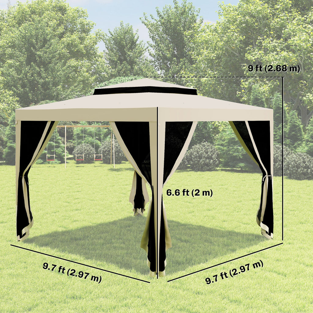10' x 10' Canopy Tent with Mesh Netting and Double-Tier Roof, Beige