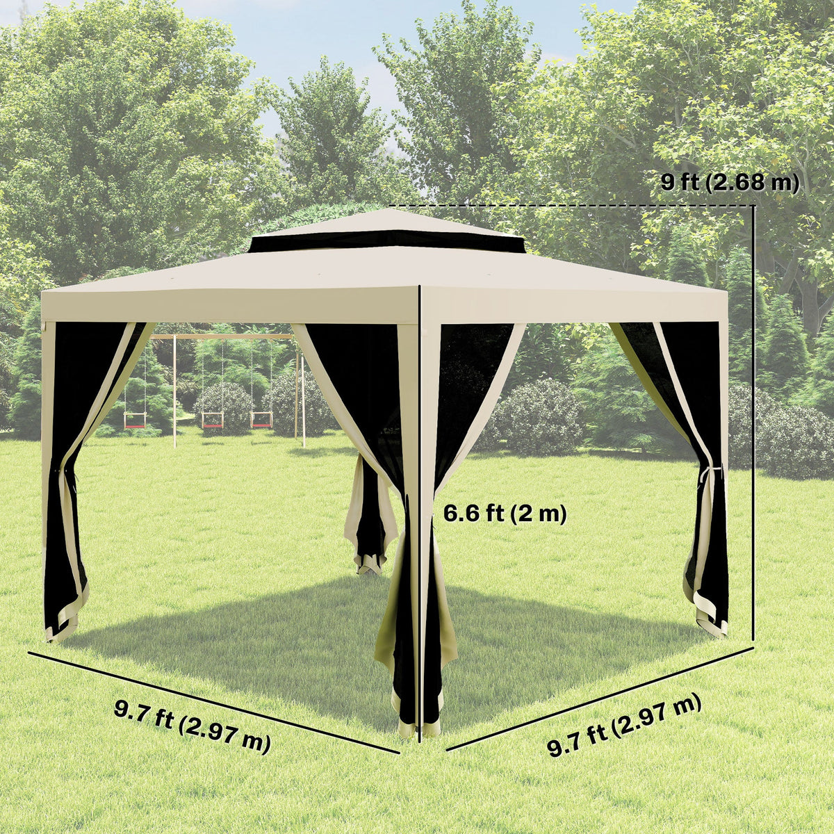 10' x 10' Canopy Tent with Mesh Netting and Double-Tier Roof, Beige