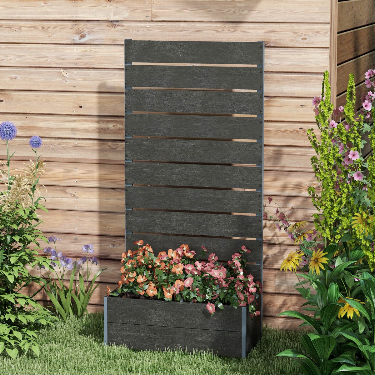 28" x 15" x 59" Raised Garden Bed with Trellis and Drain Gap, Black