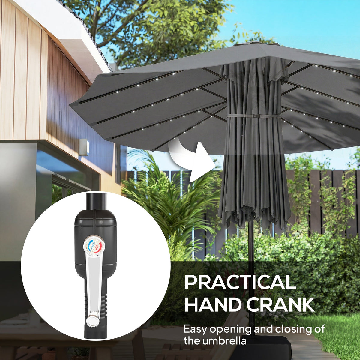 4.5 m Double-Sided Garden Parasol with LED Lights, Base & Sandbags, Grey