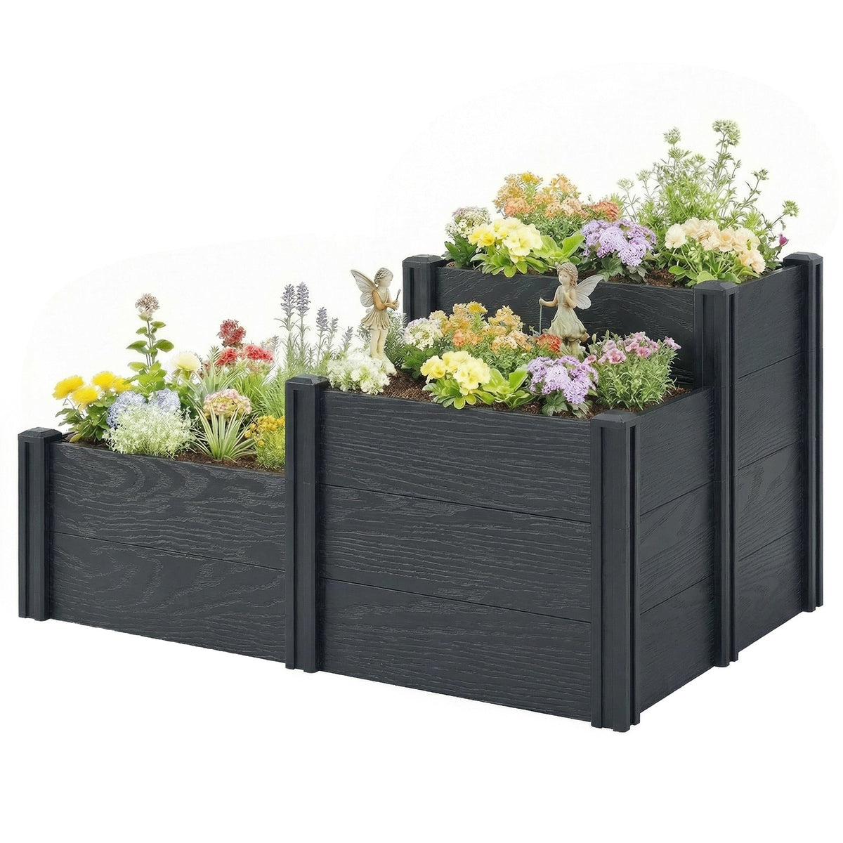 3-Tier Vinyl Raised Garden Bed with Open Bottom, Grey Wood Effect