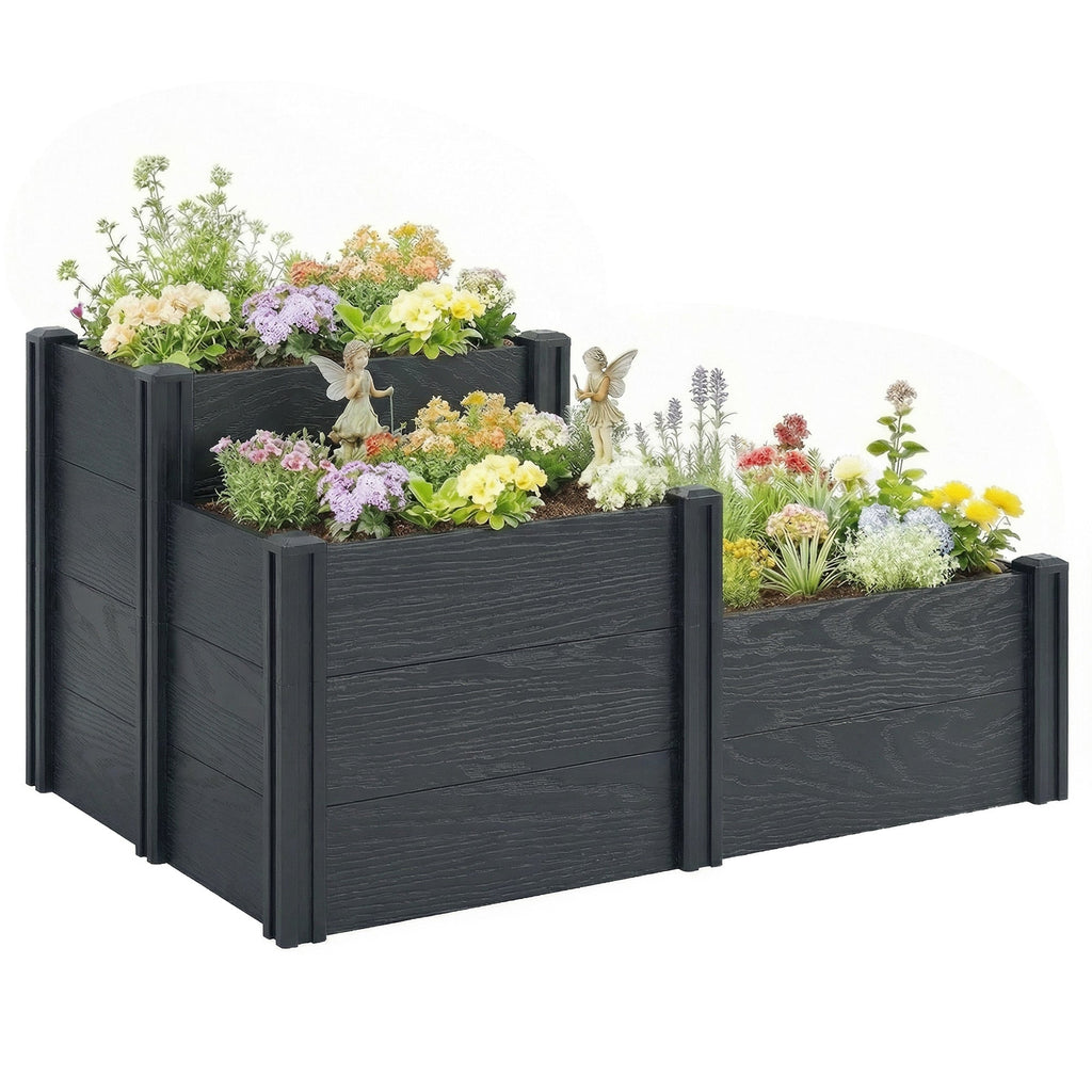3-Tier Vinyl Raised Garden Bed with Open Bottom, Grey Wood Effect