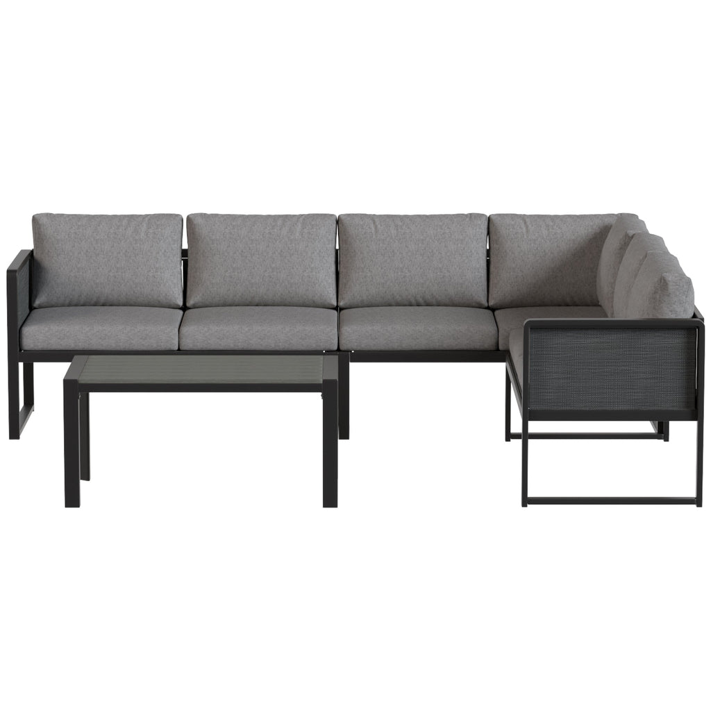 6 Seater Metal Garden Corner Sofa Set with Faux Wood Table, Dark Grey