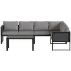 6 Seater Metal Garden Corner Sofa Set with Faux Wood Table, Dark Grey