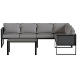 6 Seater Metal Garden Corner Sofa Set with Faux Wood Table, Dark Grey