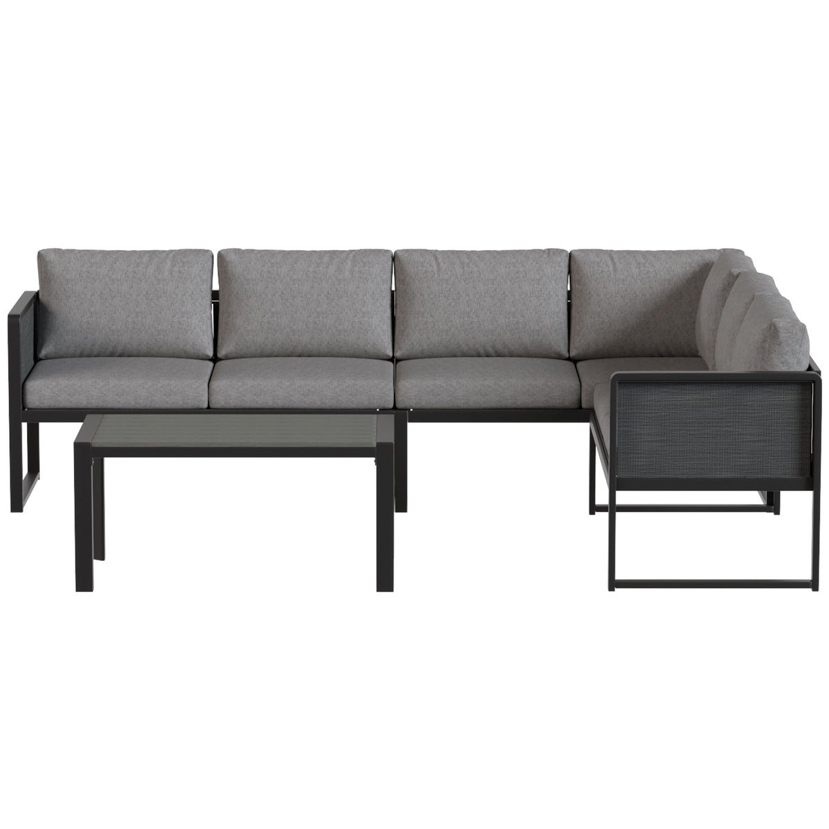 6 Seater Metal Garden Corner Sofa Set with Faux Wood Table, Dark Grey