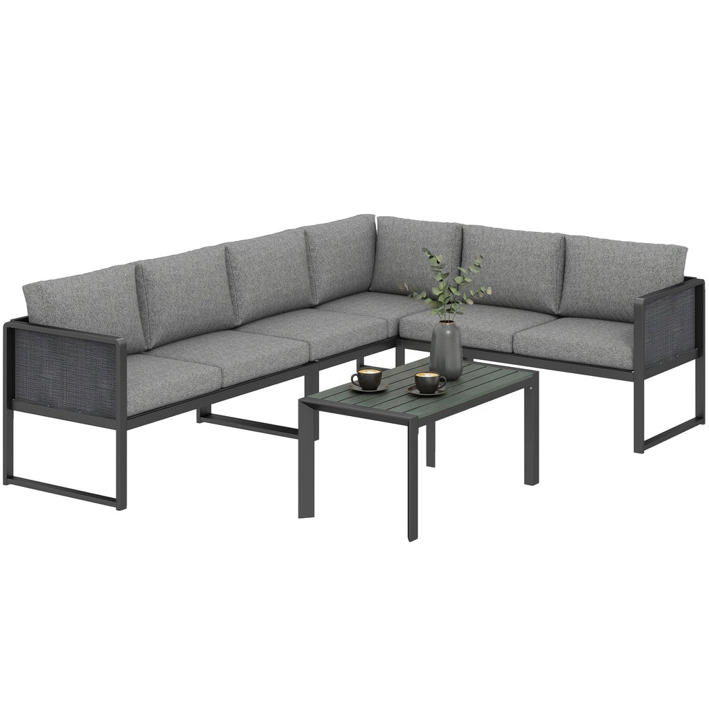 6 Seater Metal Garden Corner Sofa Set with Faux Wood Table, Dark Grey