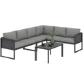 6 Seater Metal Garden Corner Sofa Set with Faux Wood Table, Dark Grey