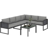 6 Seater Metal Garden Corner Sofa Set with Faux Wood Table, Dark Grey