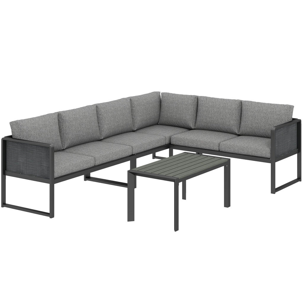 6 Seater Metal Garden Corner Sofa Set with Faux Wood Table, Dark Grey
