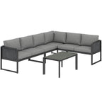 6 Seater Metal Garden Corner Sofa Set with Faux Wood Table, Dark Grey