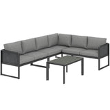 6 Seater Metal Garden Corner Sofa Set with Faux Wood Table, Dark Grey