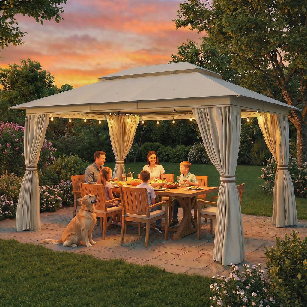 3 x 4 m Garden Gazebo with Double Roof, Netting & Curtains, Beige