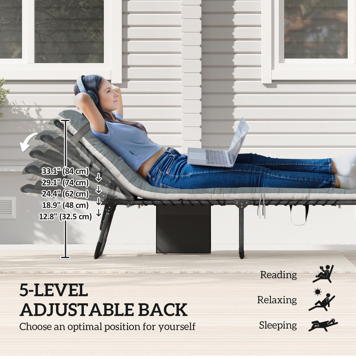 Set of 2 Folding Lounge Chairs with Cushion and Side Pocket, Grey