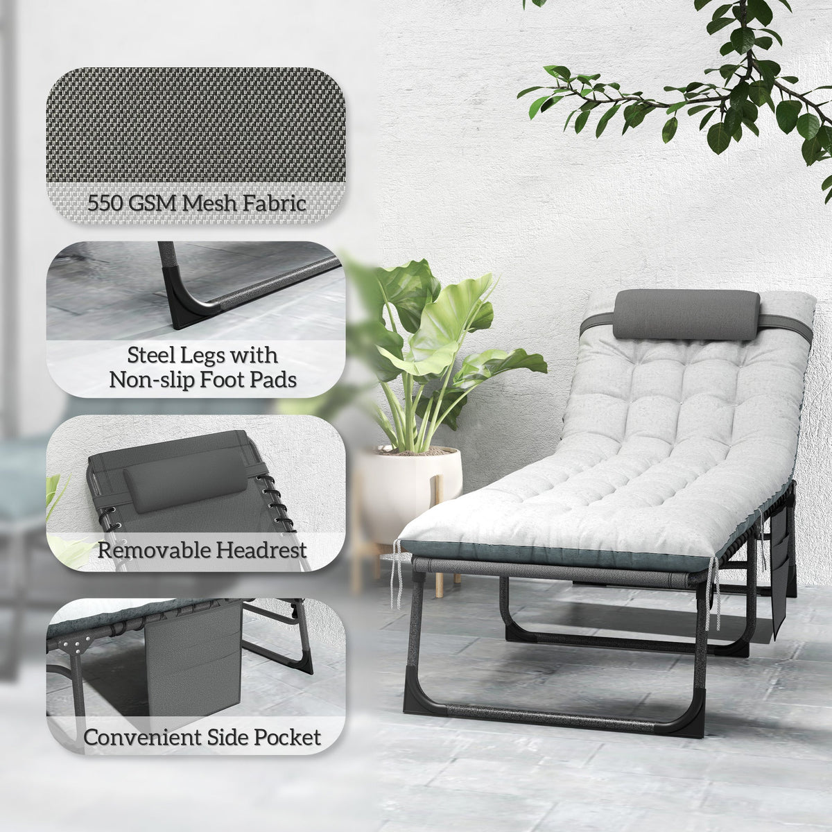 Set of 2 Folding Lounge Chairs with Cushion and Side Pocket, Grey