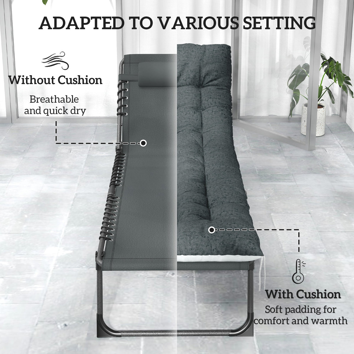 Set of 2 Folding Lounge Chairs with Cushion and Side Pocket, Grey