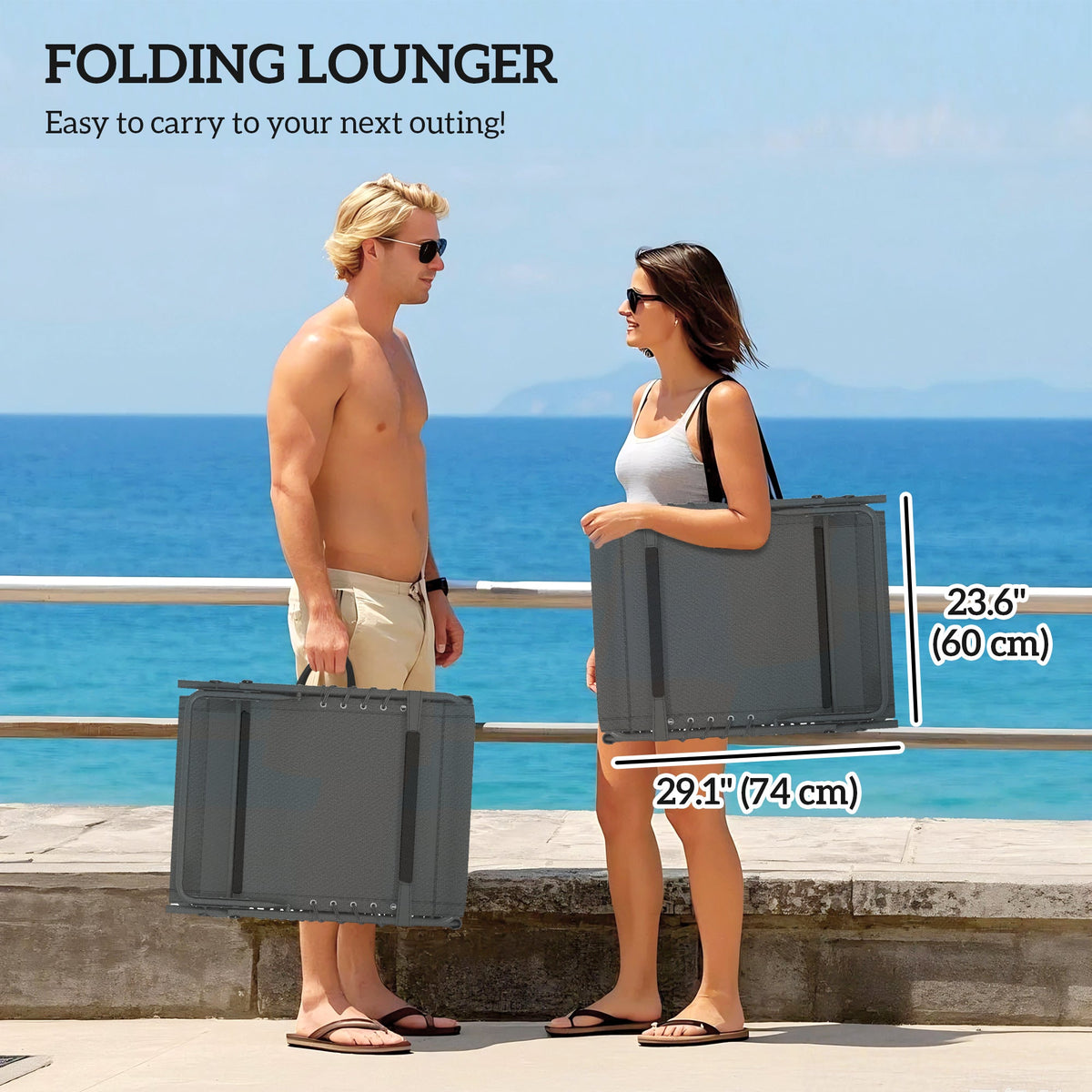 Set of 2 Folding Lounge Chairs with Cushion and Side Pocket, Grey