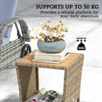 2-Tier PE Rattan Side Table with Storage Shelf, Khaki