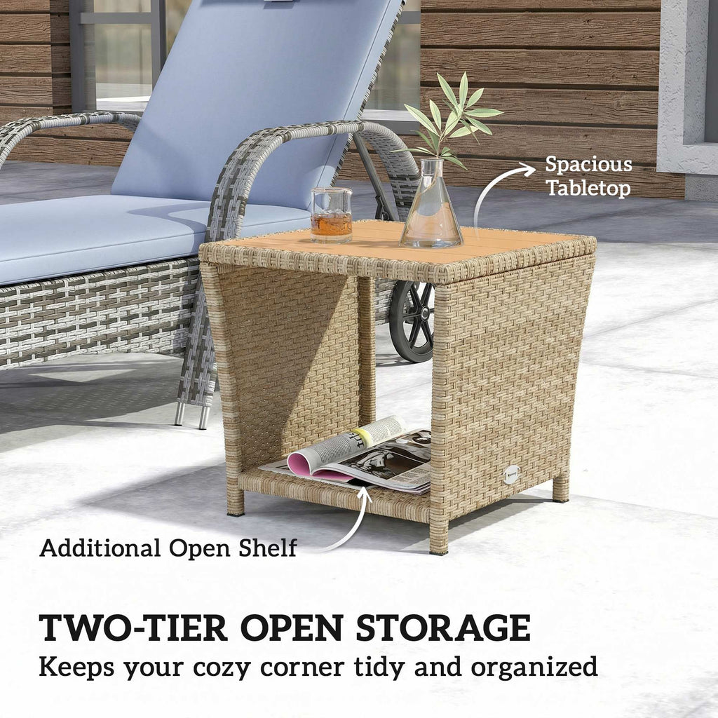 2-Tier PE Rattan Side Table with Storage Shelf, Khaki
