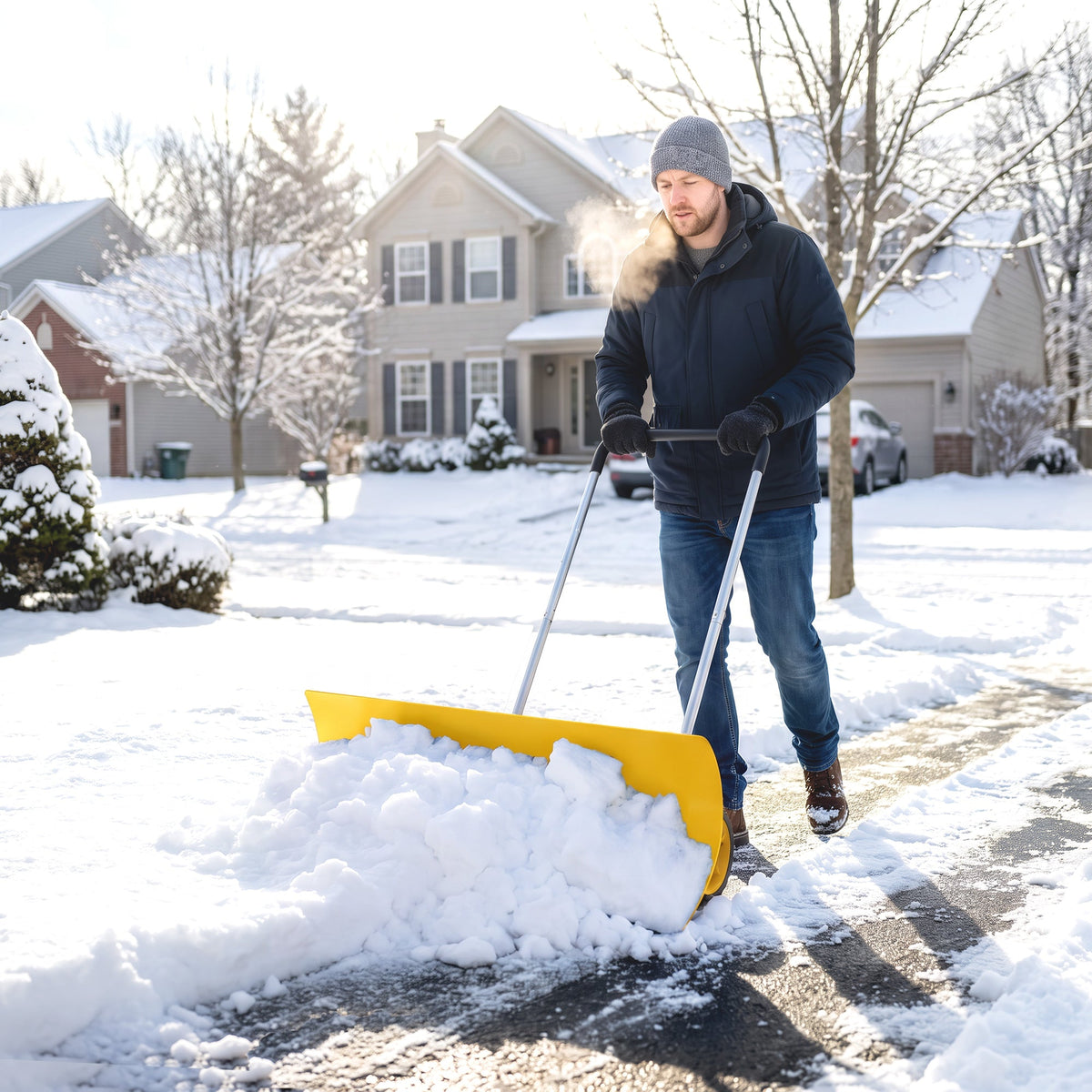 37" Extra-Wide Aluminum Snow Pusher with Wheels and Ergonomic Handle, Yellow
