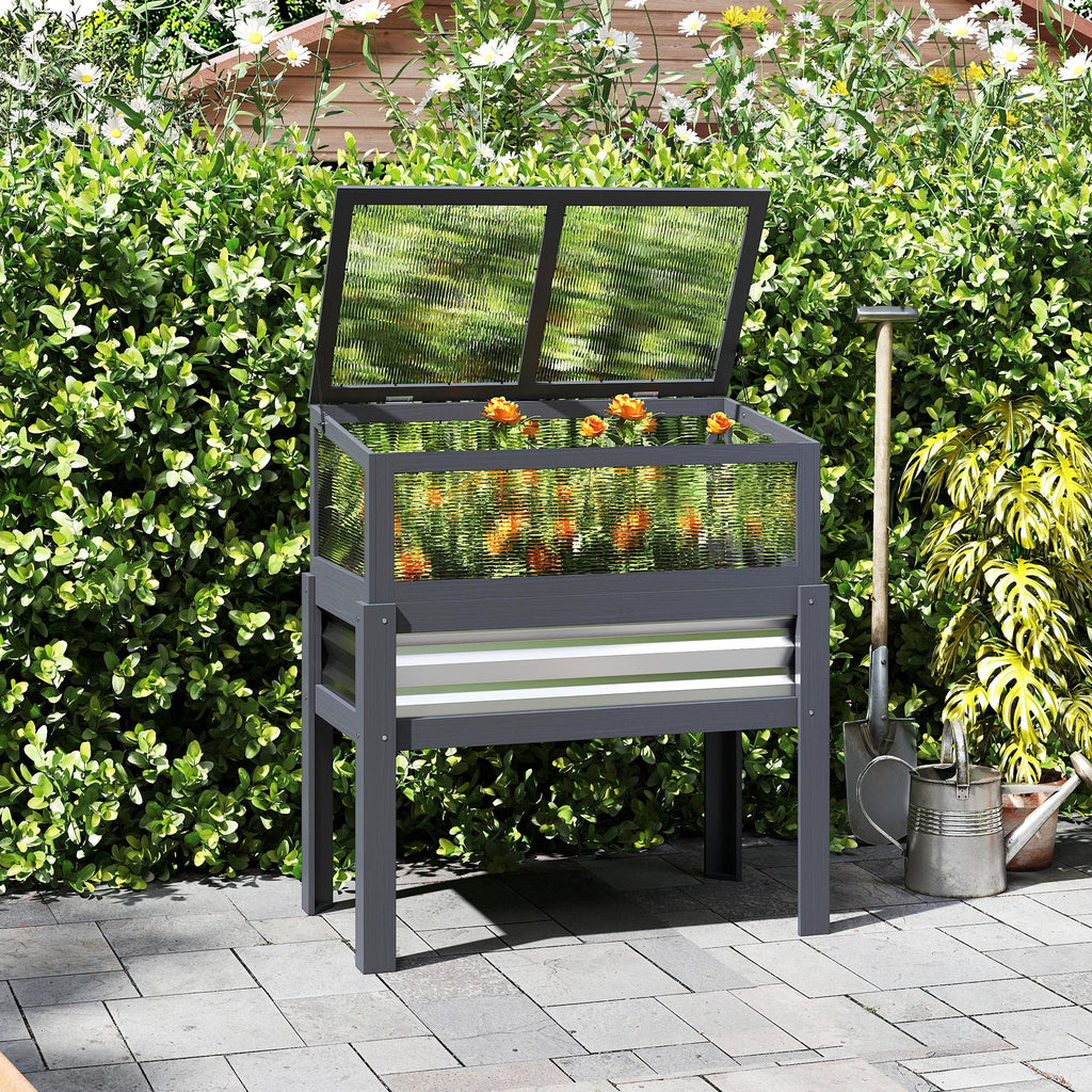 Raised Garden Bed with Flip-Up Greenhouse Top and Legs, Gray
