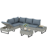 5-Seater Rattan Corner Sofa with Adjustable Backs, Table & Cushions, Grey