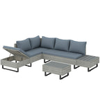 5-Seater Rattan Corner Sofa with Adjustable Backs, Table & Cushions, Grey