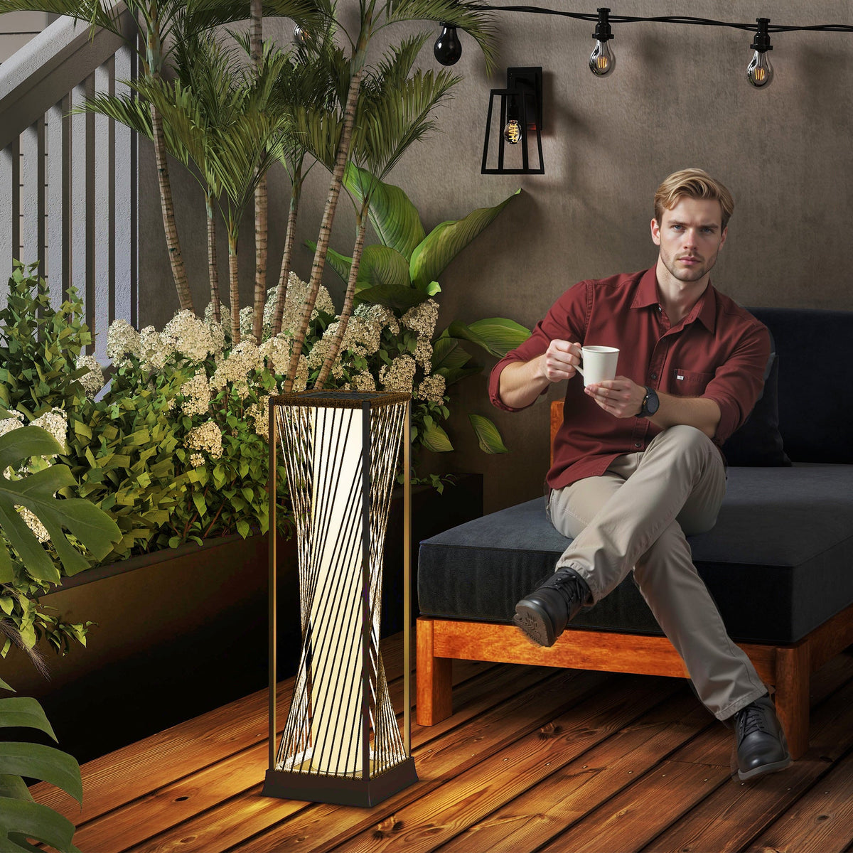 77 cm Solar Rattan Floor Lamp with Auto On/Off LED, Sand Brown