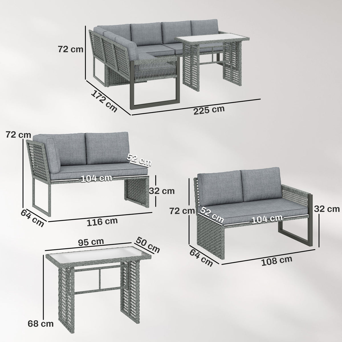 4 Piece Rattan Garden Furniture Set with 3 Loveseats, Grey
