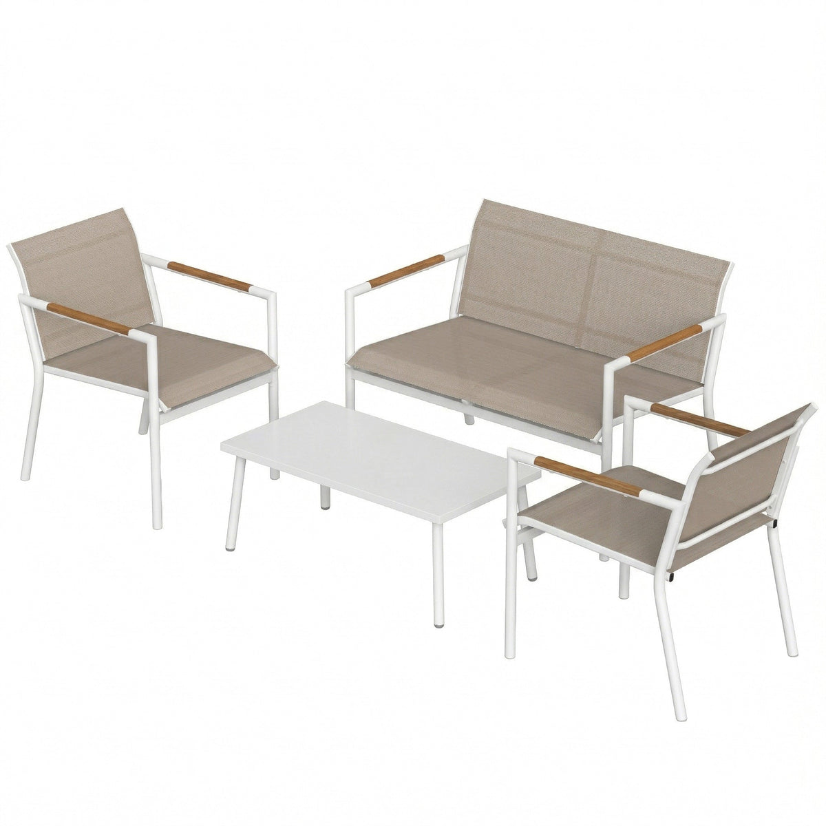 4-Seater Outdoor Sofa Set with Loveseat, 2 Armchairs & Metal-Top Table, Khaki