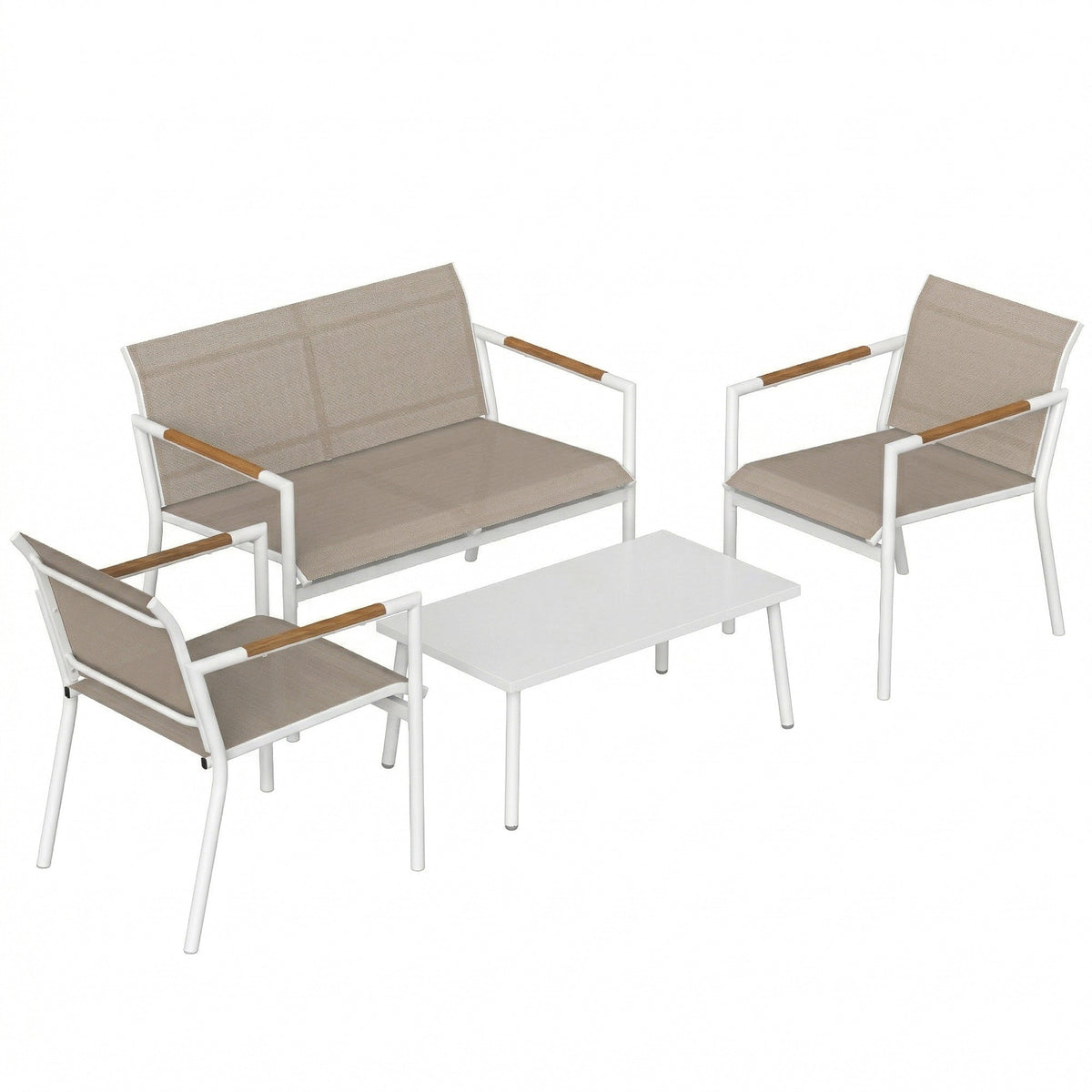 4-Seater Outdoor Sofa Set with Loveseat, 2 Armchairs & Metal-Top Table, Khaki