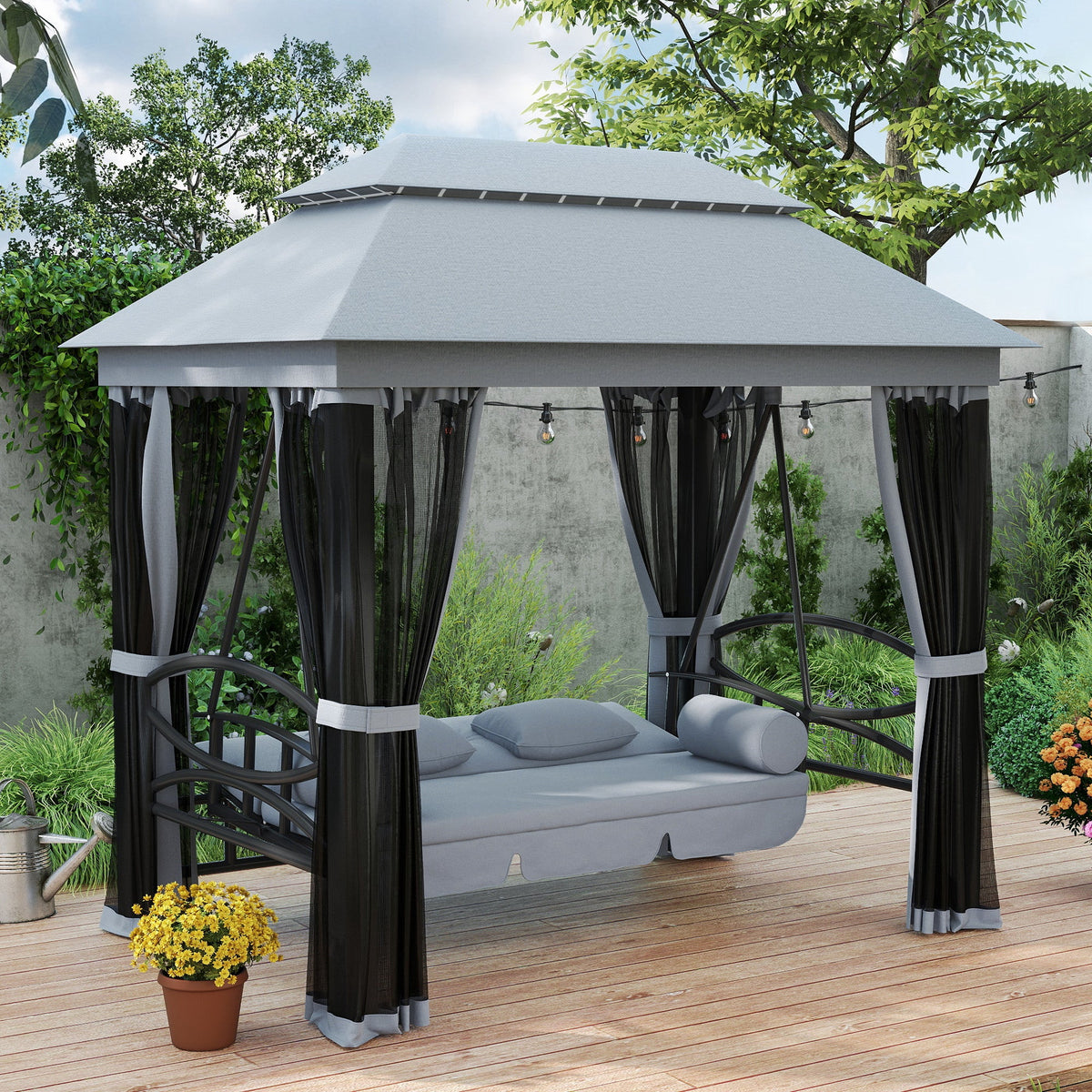 3-Seat Patio Swing Chair with Mesh Sidewalls, Gray