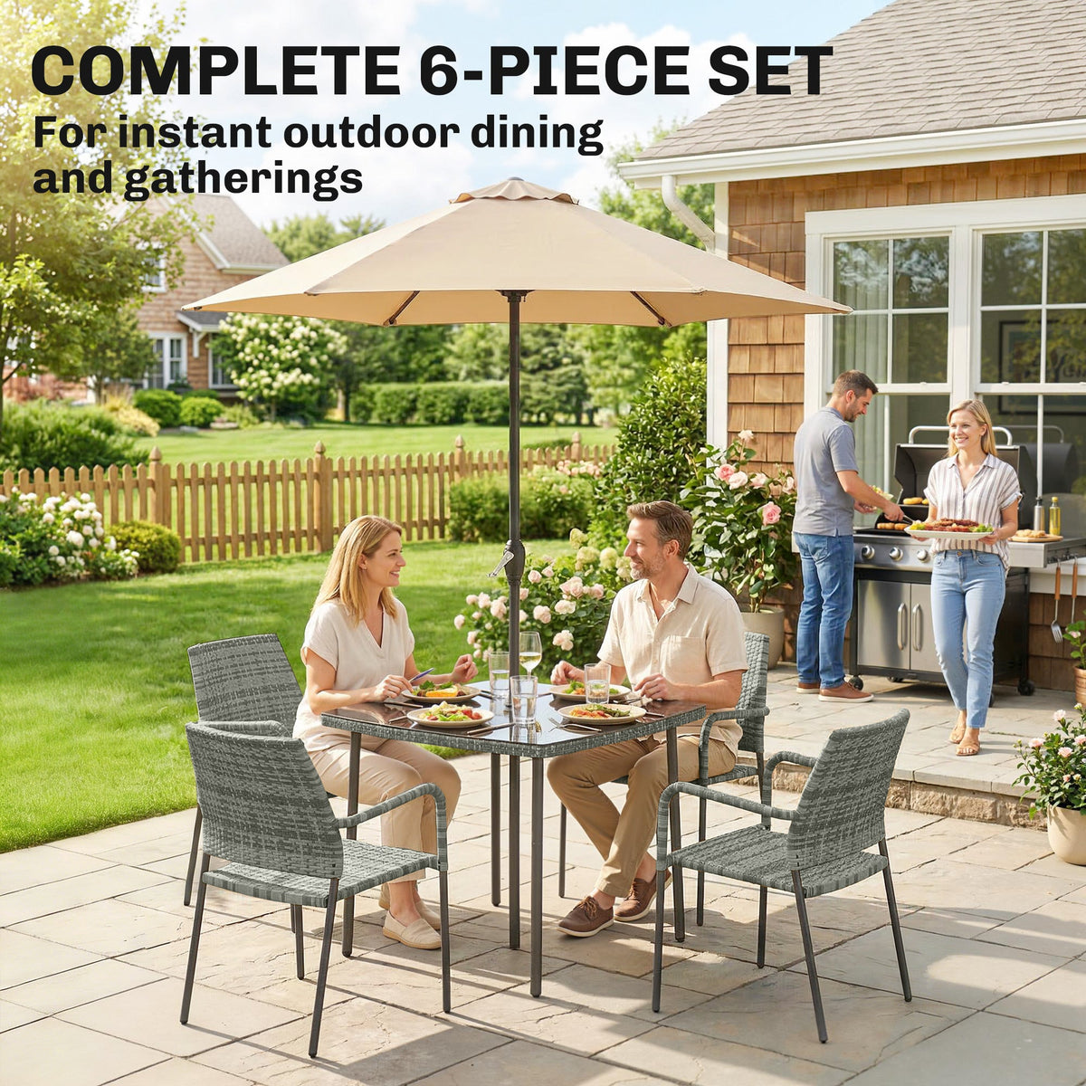 4-Person Rattan Dining Set with Tempered Glass & Tilting Parasol, Light Grey