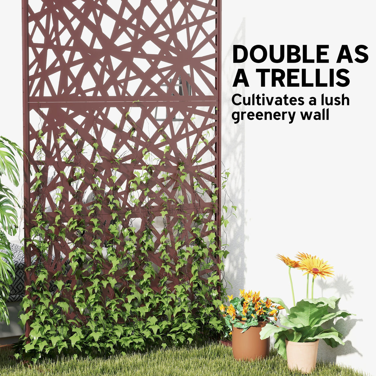 78" x 48" Metal Outdoor Privacy Screen, Labyrinth Design, Dark Brown