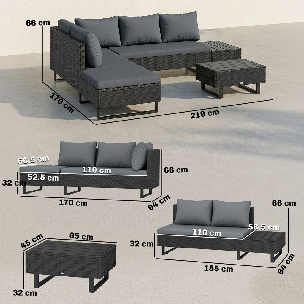 5-Seat L-Shaped Rattan Sofa Set with Adjustable Back, Cushions & Table Dark Grey