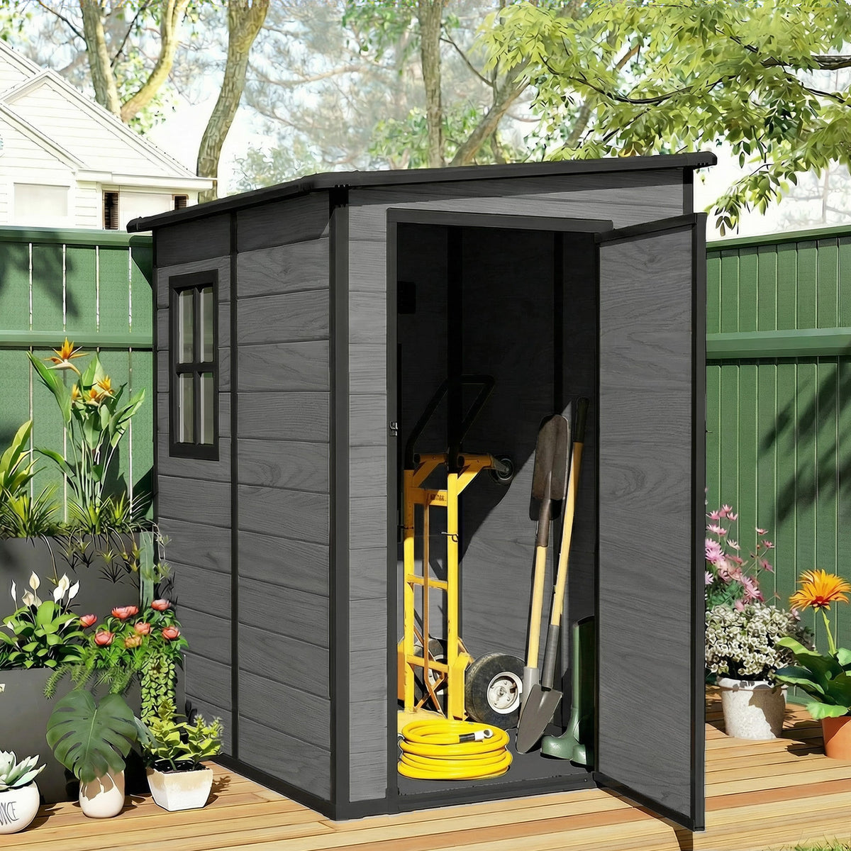 4 x 5FT Plastic Lean-to Garden Shed with Floor, Wood-Effect