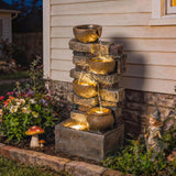 28" 5-Tier Outdoor Fountain with LED Lights and Adjustable Flow, Rustic Brown