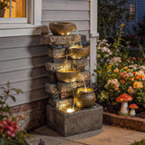 28" 5-Tier Outdoor Fountain with LED Lights and Adjustable Flow, Rustic Brown