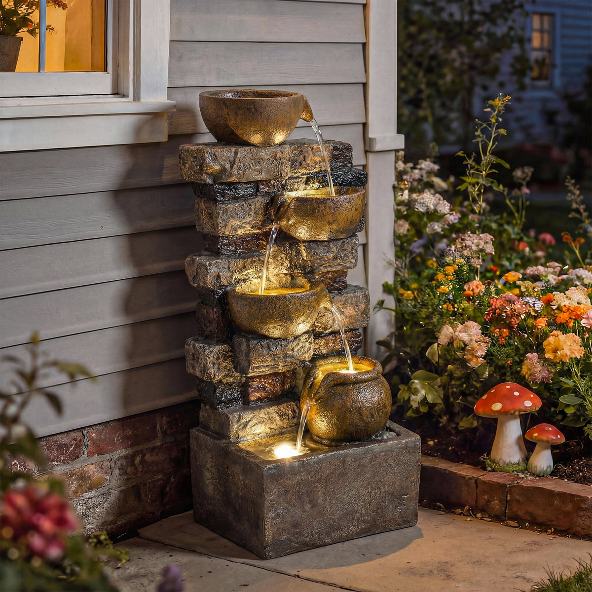 28" 5-Tier Outdoor Fountain with LED Lights and Adjustable Flow, Rustic Brown