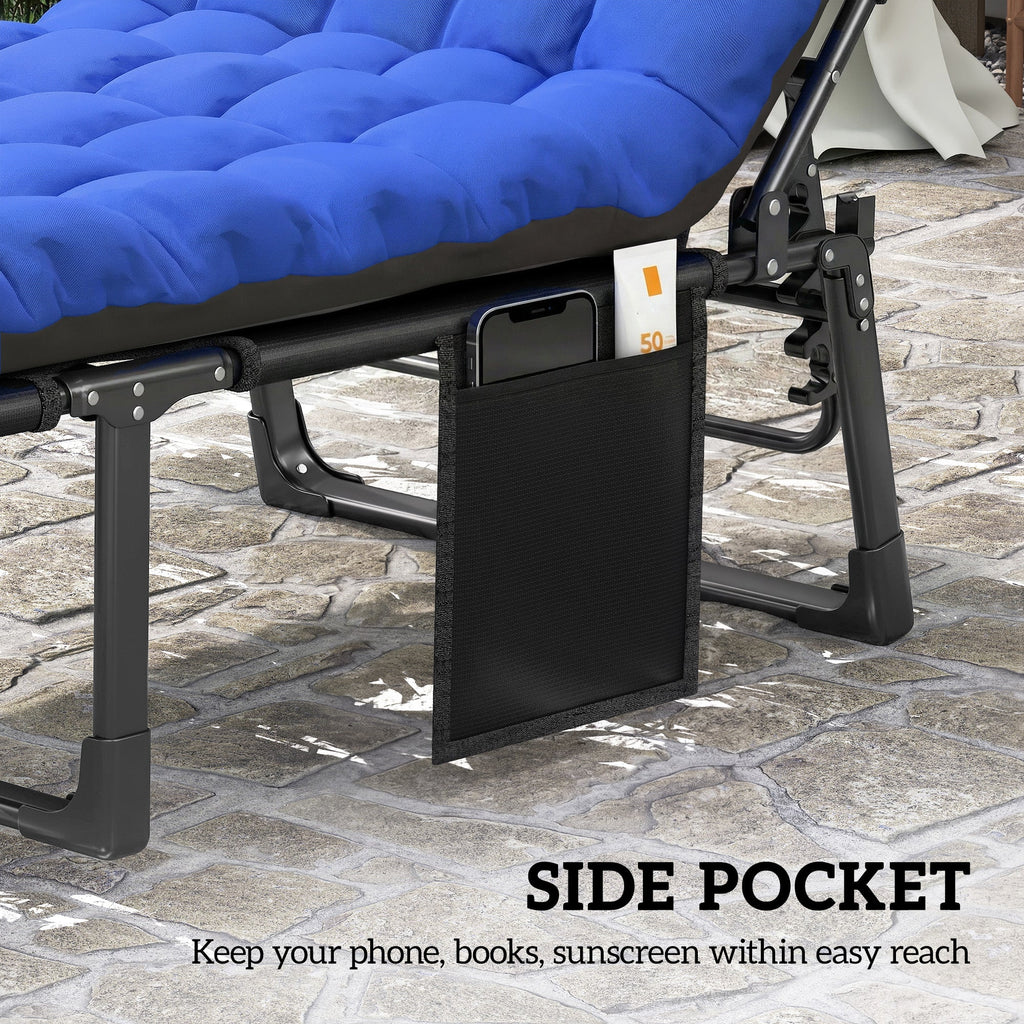 Folding Lounge Chair, 75 cm Wide with Cushion and Side Pocket, Dark Grey/Blue