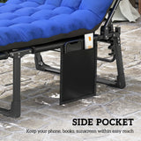 Folding Lounge Chair, 75 cm Wide with Cushion and Side Pocket, Dark Grey/Blue