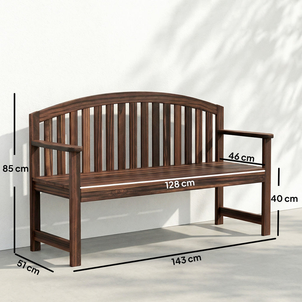 2 Seater Wooden Garden Bench with Armrests, Carbonised Finish