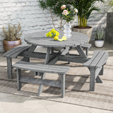 Wooden Patio Dining Set for 8 with Round Table and 4 Benches, Grey