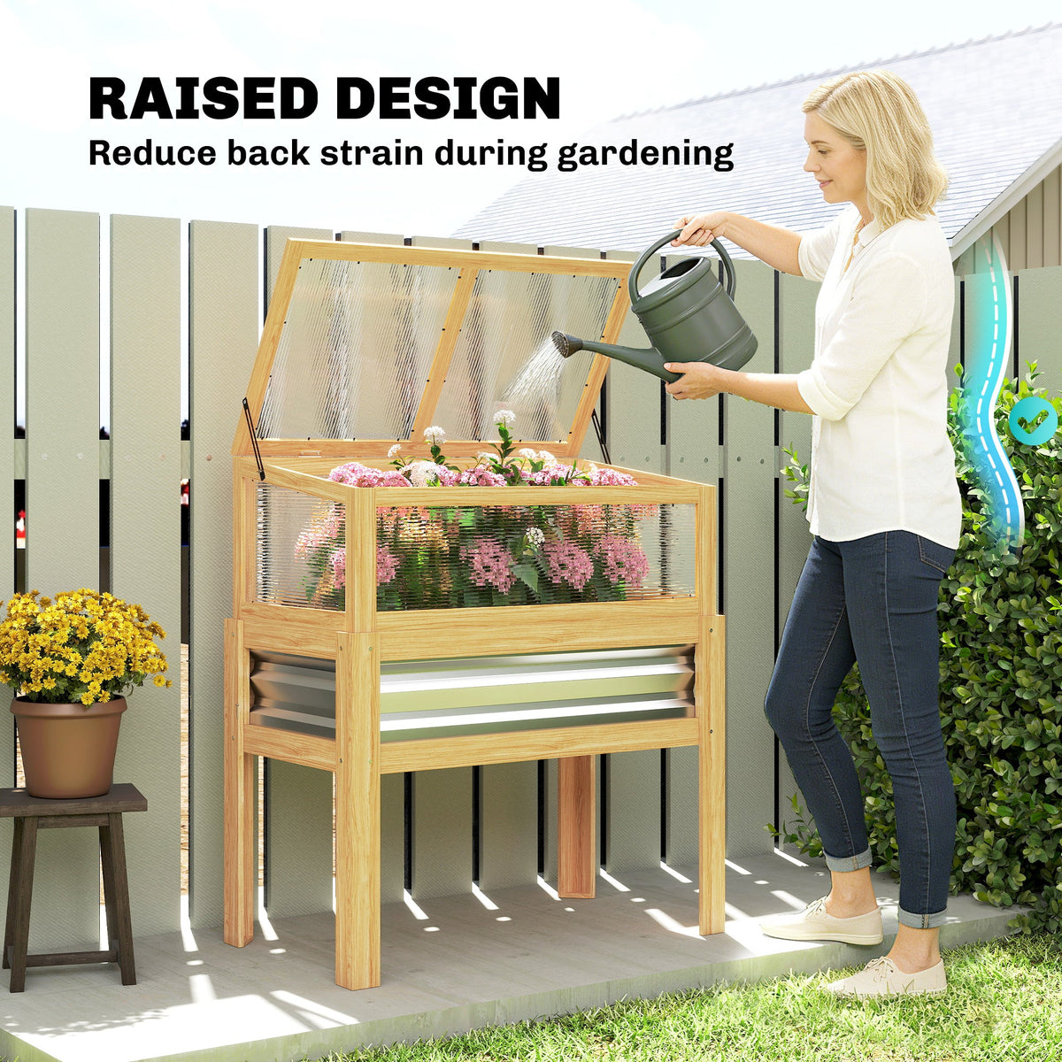 Raised Garden Bed with Detachable Greenhouse Top and Legs, Natural