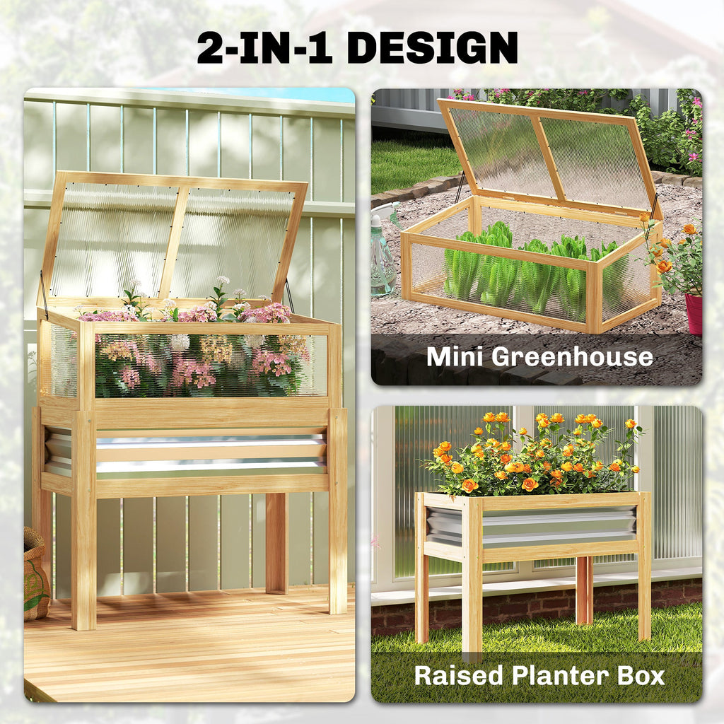 Raised Garden Bed with Detachable Greenhouse Top and Legs, Natural