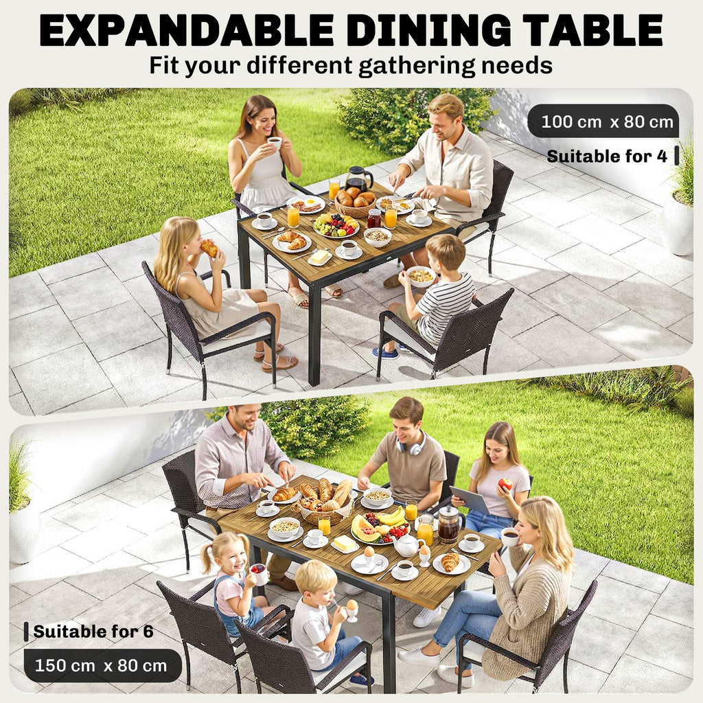 7-Piece Rattan 6-Seater Dining Set with Acacia Top and Cushions, Cream White